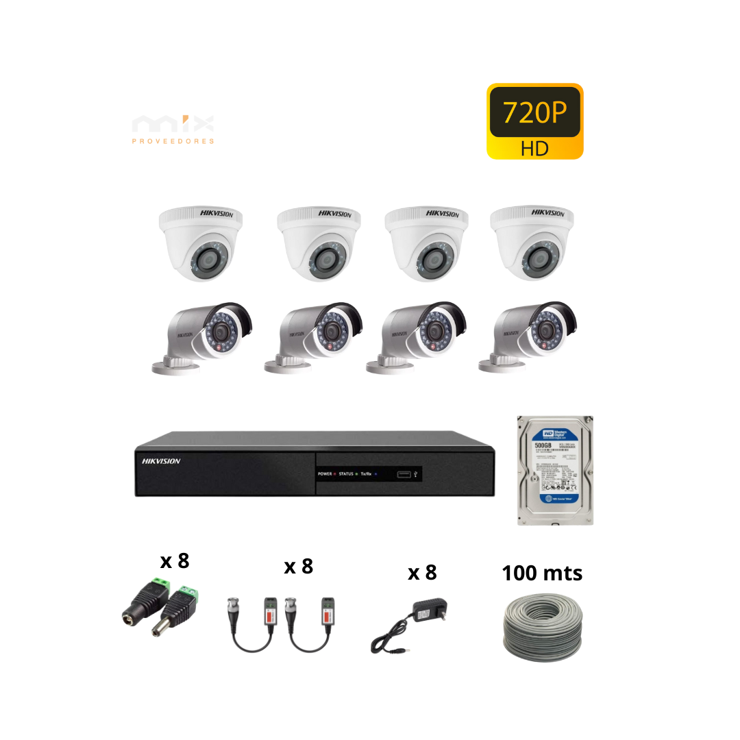 Kit Seguridad Hikvision Dvr 8 Canales, 8 Cámaras 1080p 720 MP